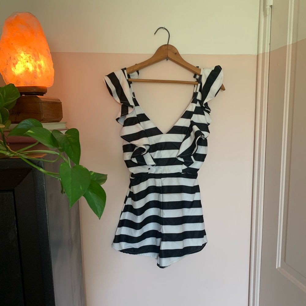 Striped, ruffle, backless romper